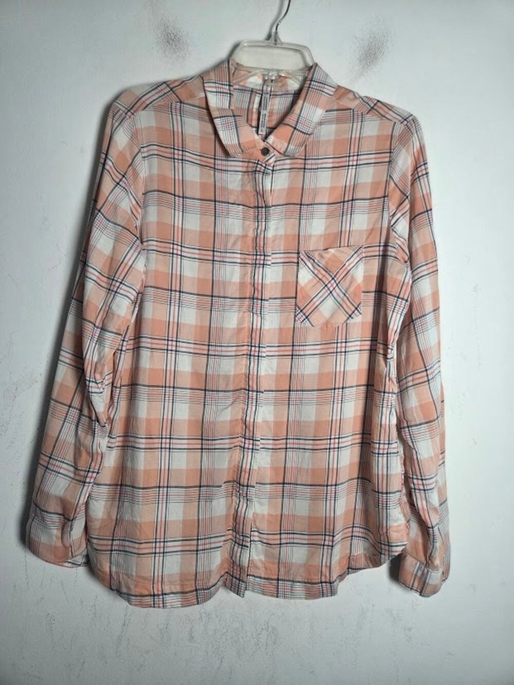 Kuhl Women "Hadley" Peach Pink Cream Plaid Tencel Button Down Shirt sz Medium